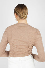 Beige shirring jersey long sleeved top