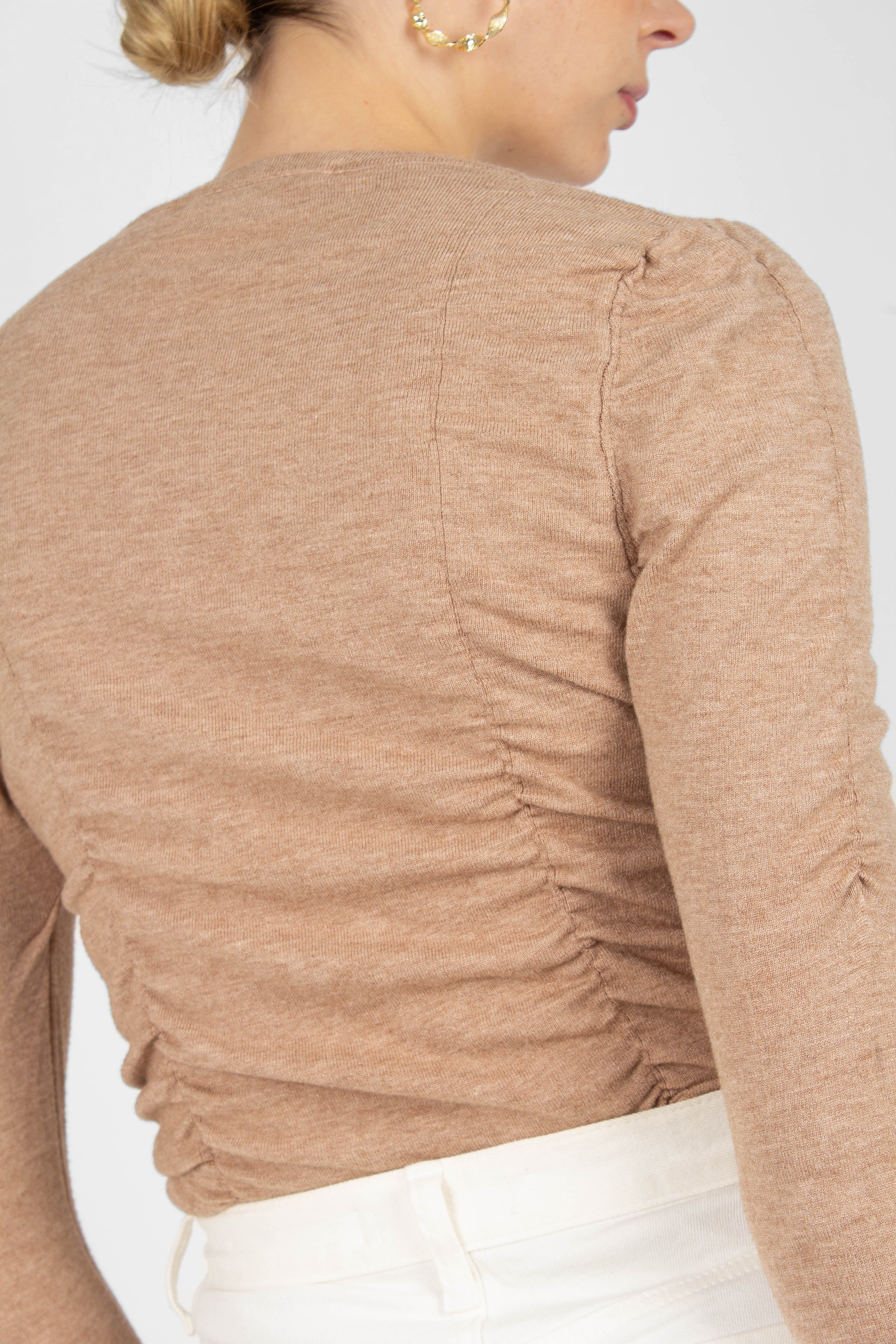Beige shirring jersey long sleeved top