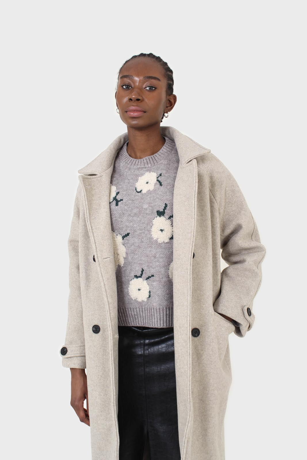 Oatmeal double breasted long coat