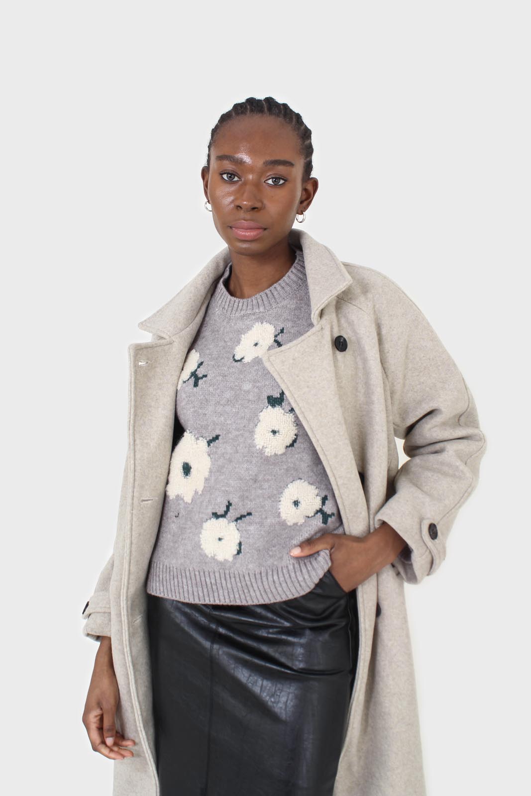 Oatmeal double breasted long coat