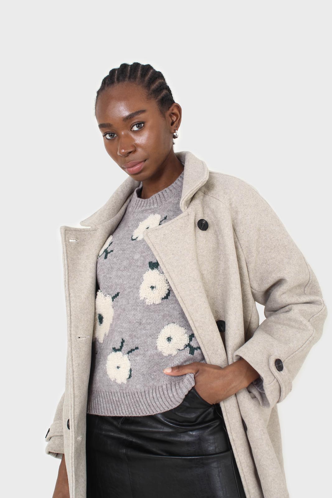 Oatmeal double breasted long coat