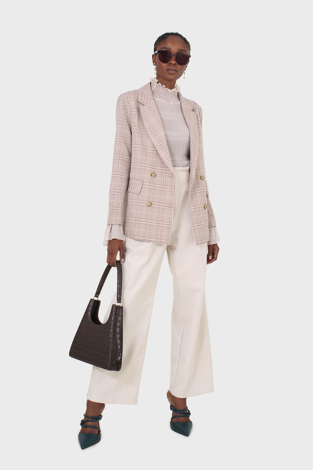 Beige and white checked blazer