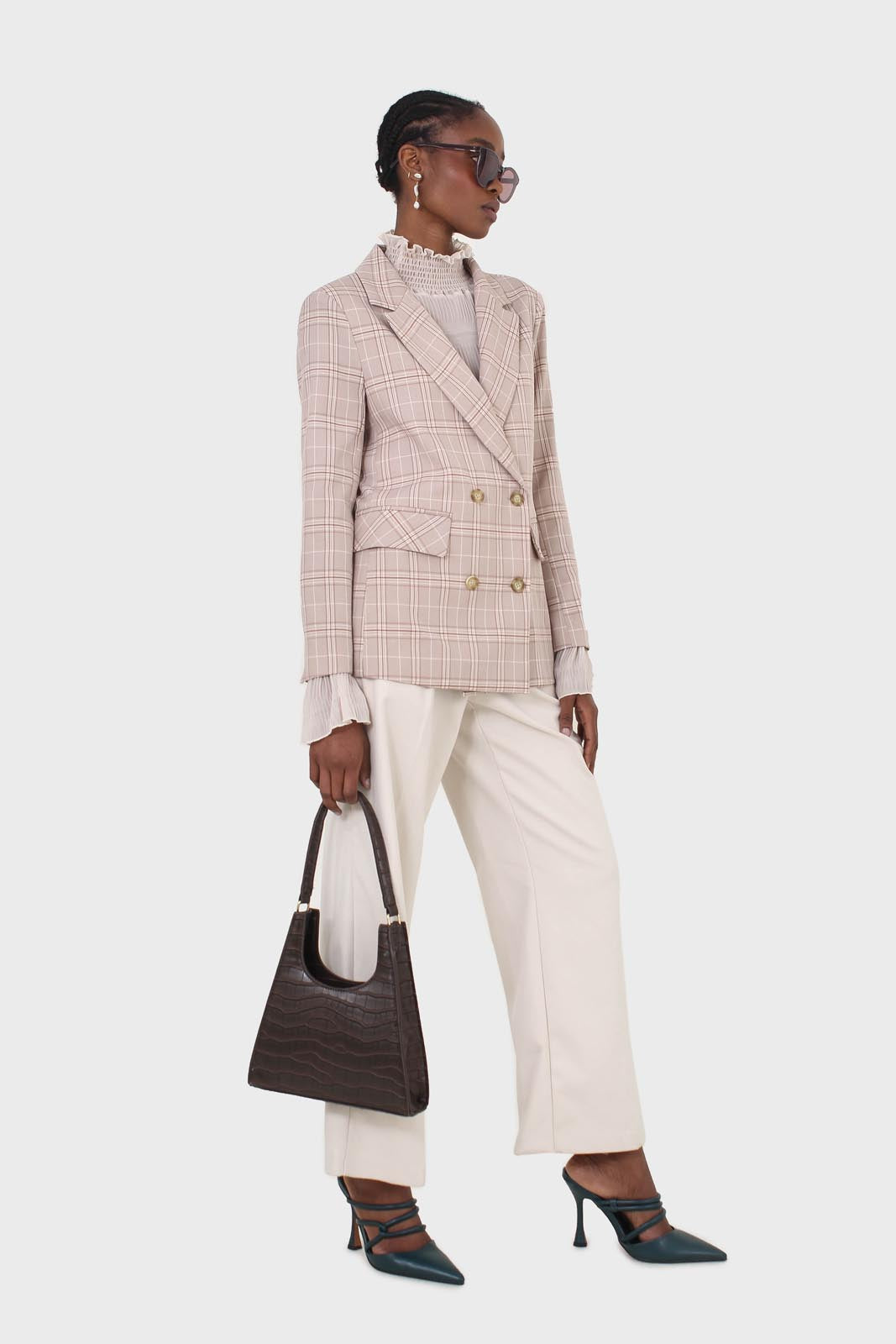 Beige and white checked blazer