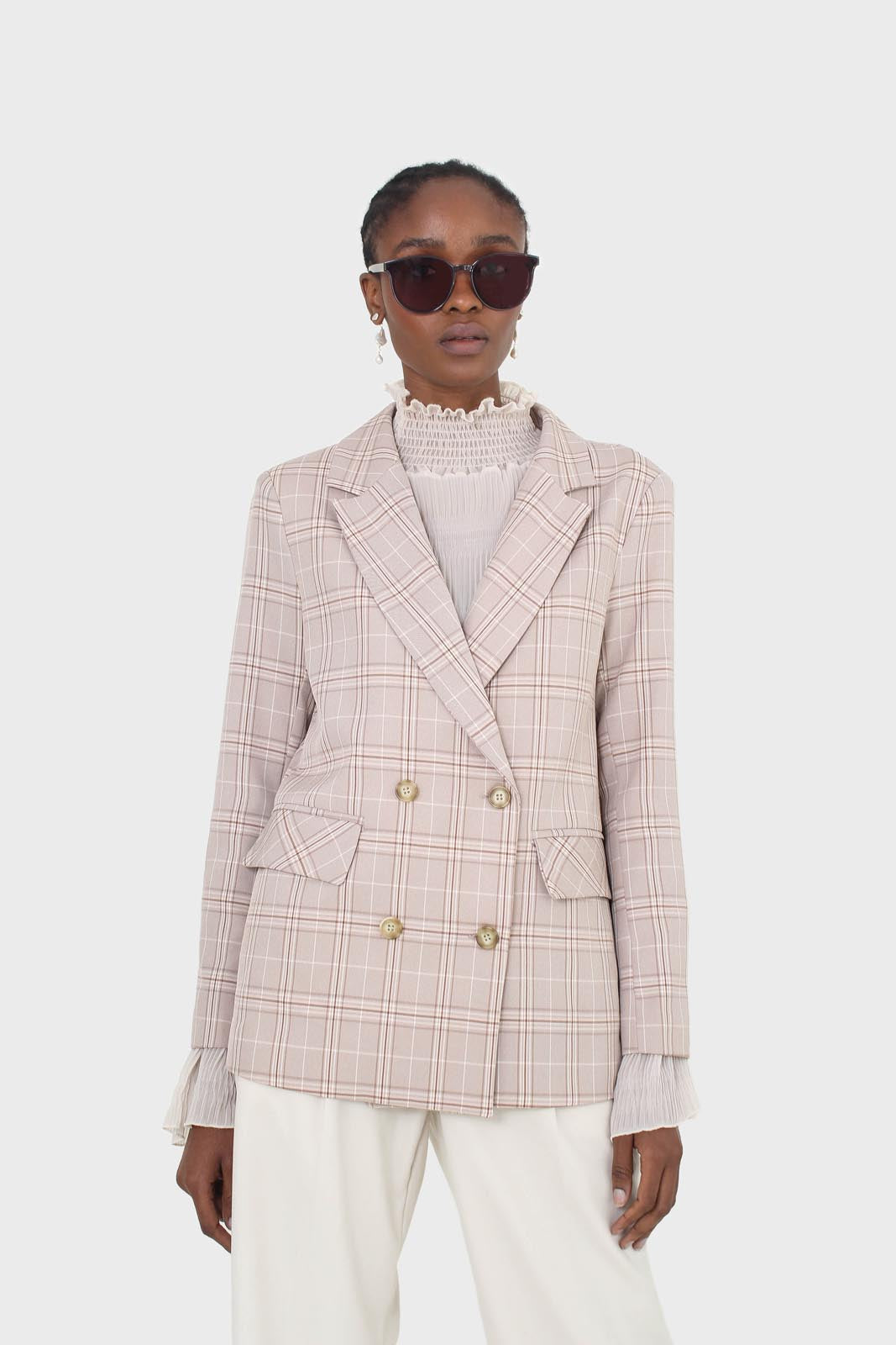 Beige and white checked blazer