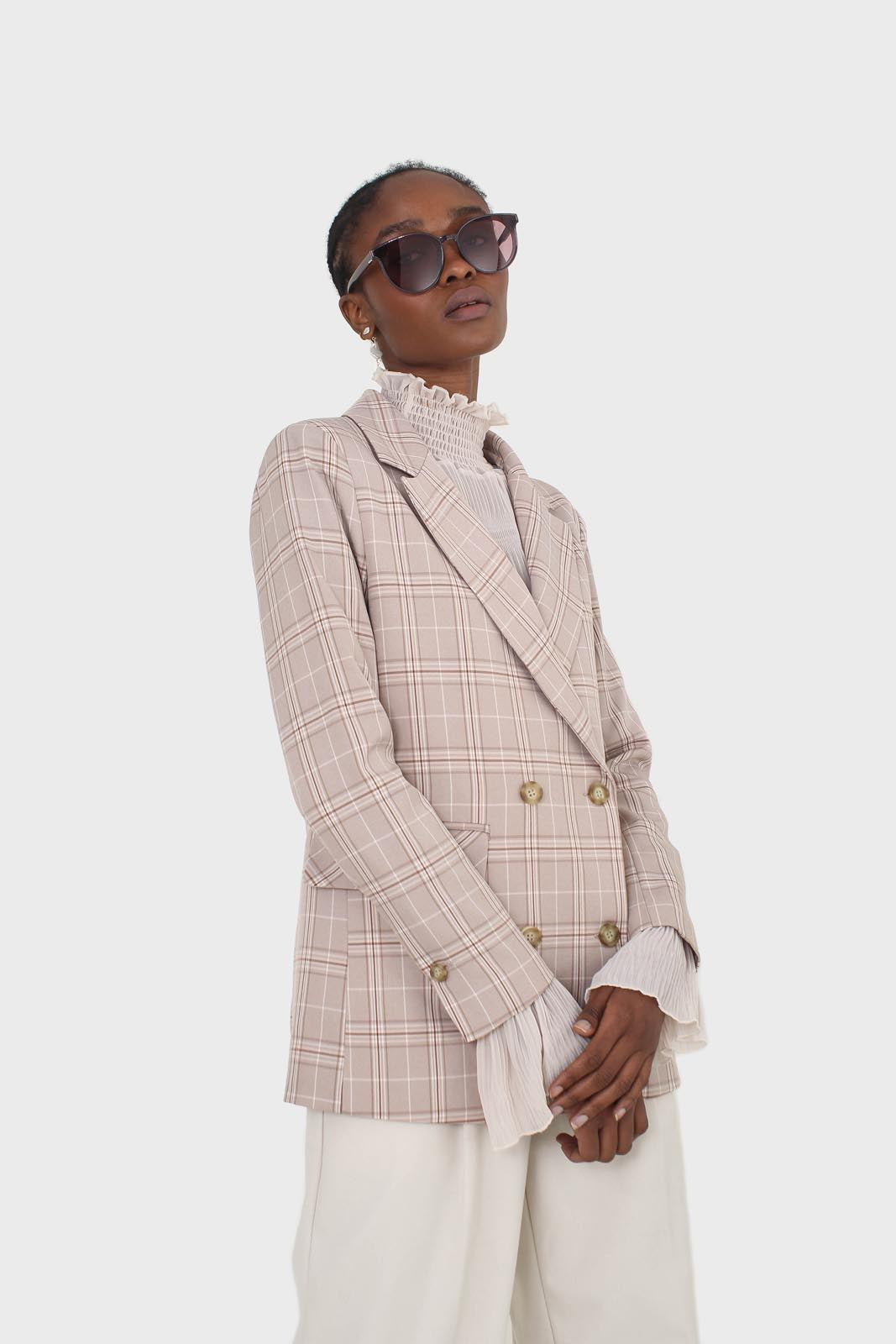 Beige and white checked blazer