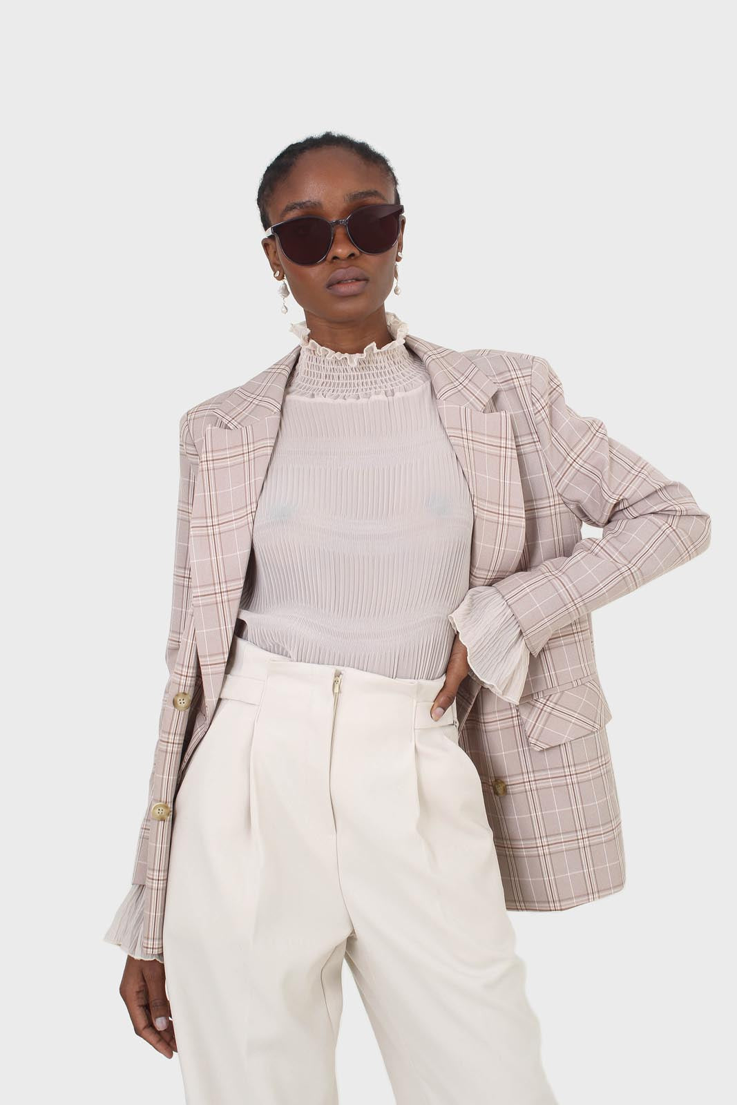 Beige and white checked blazer