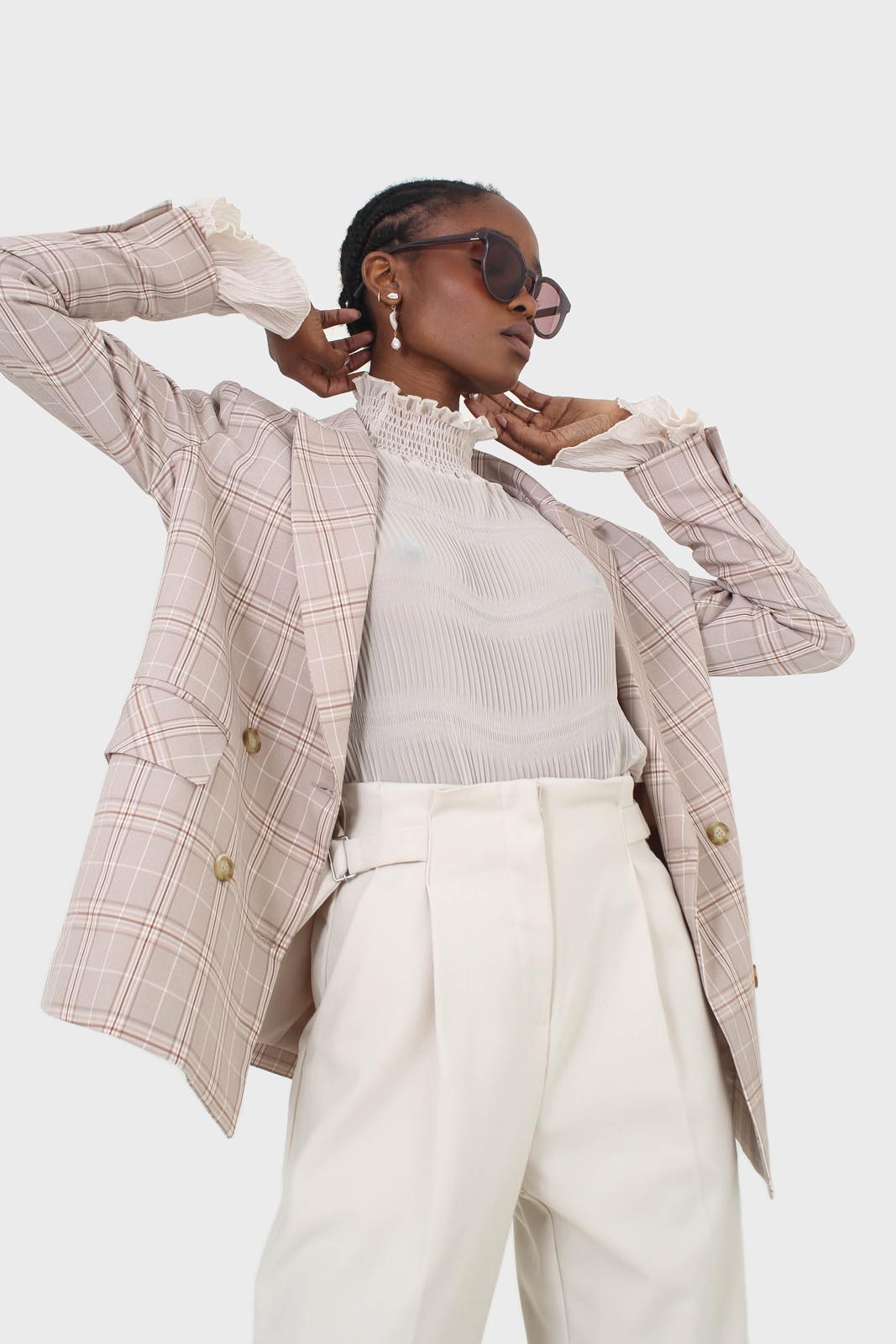 Beige and white checked blazer