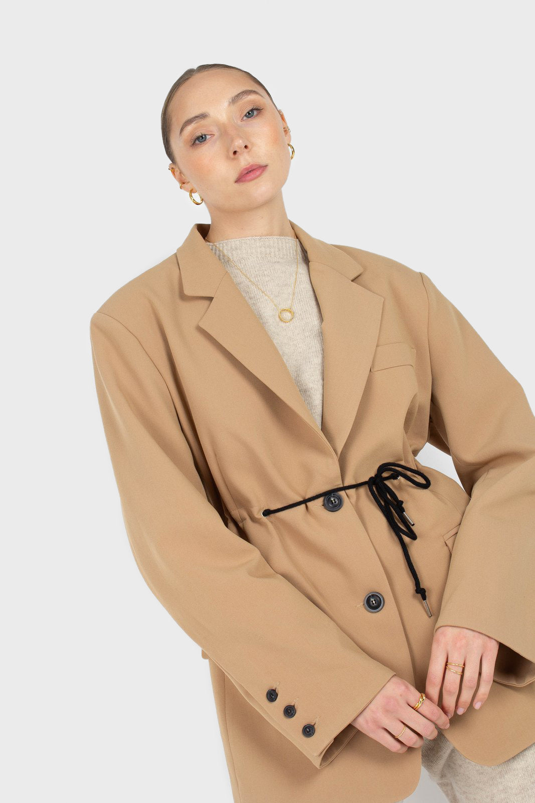 Beige drawstring waist blazer