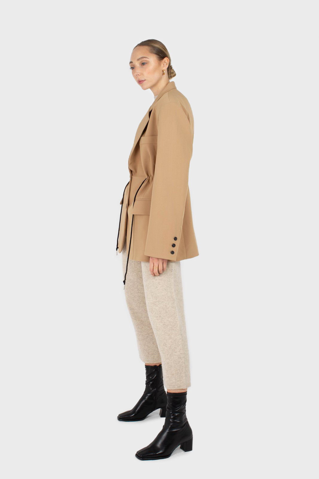 Beige drawstring waist blazer