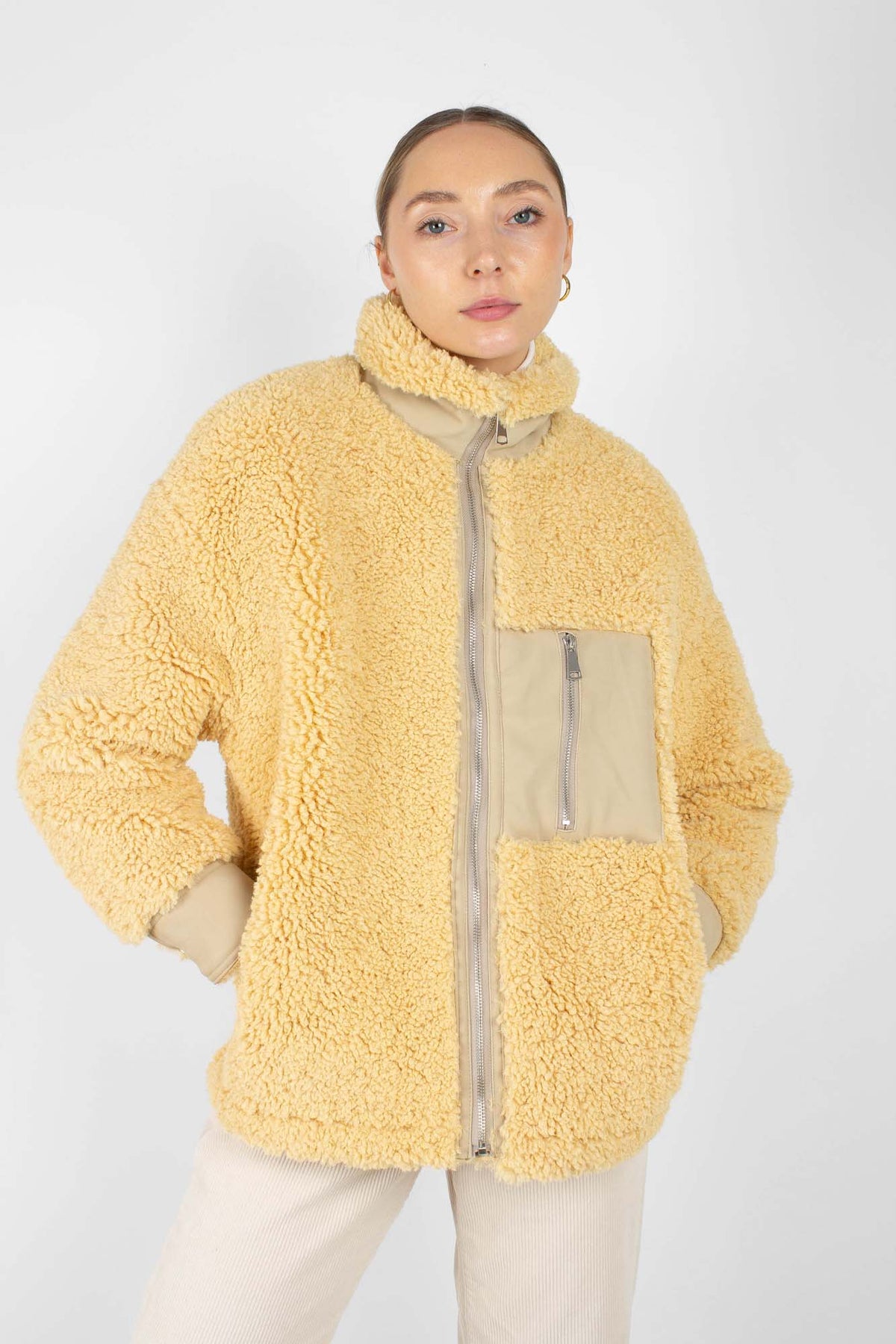Yellow thick fuzzy contrast zip fleece