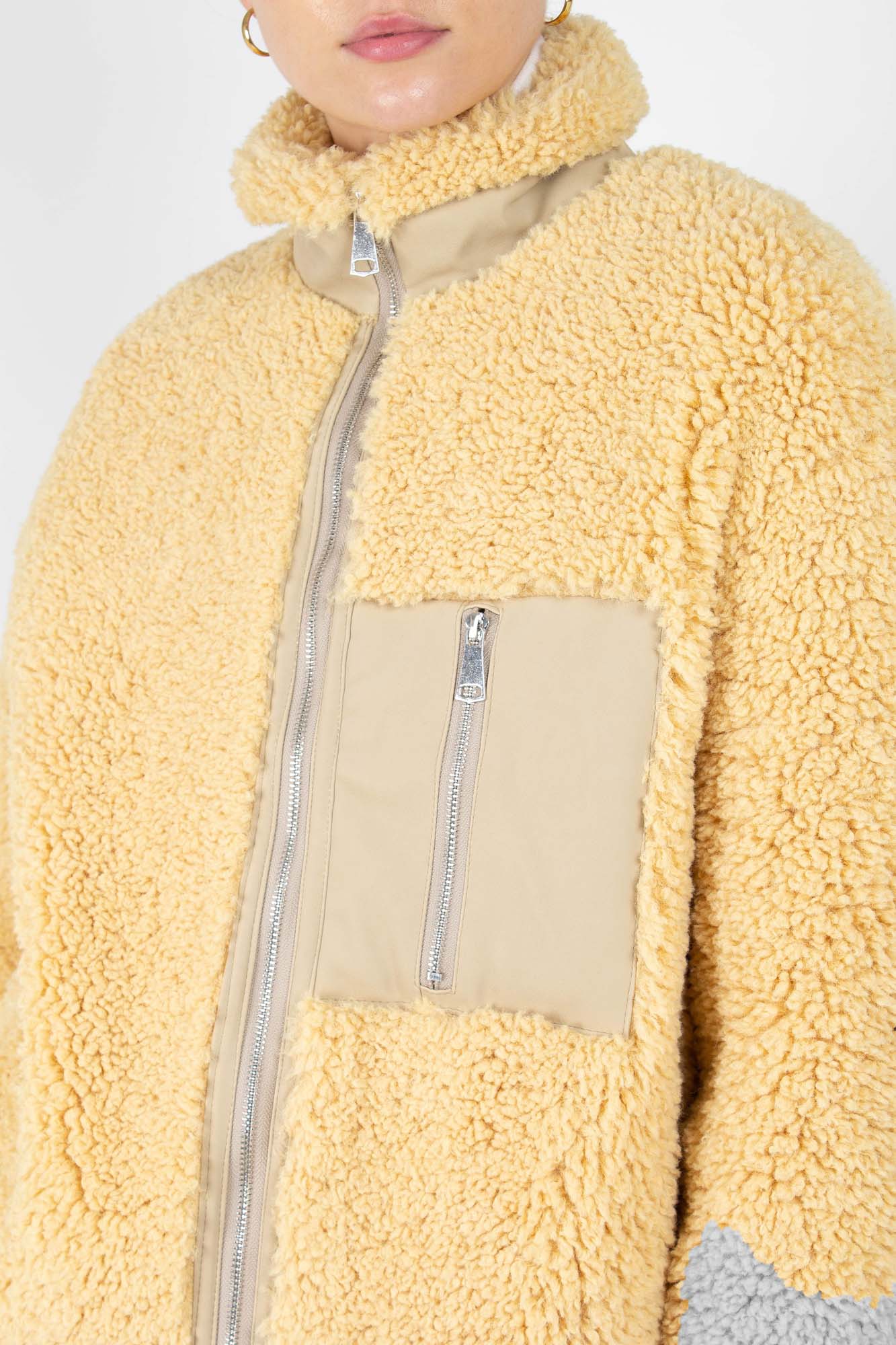 Yellow thick fuzzy contrast zip fleece