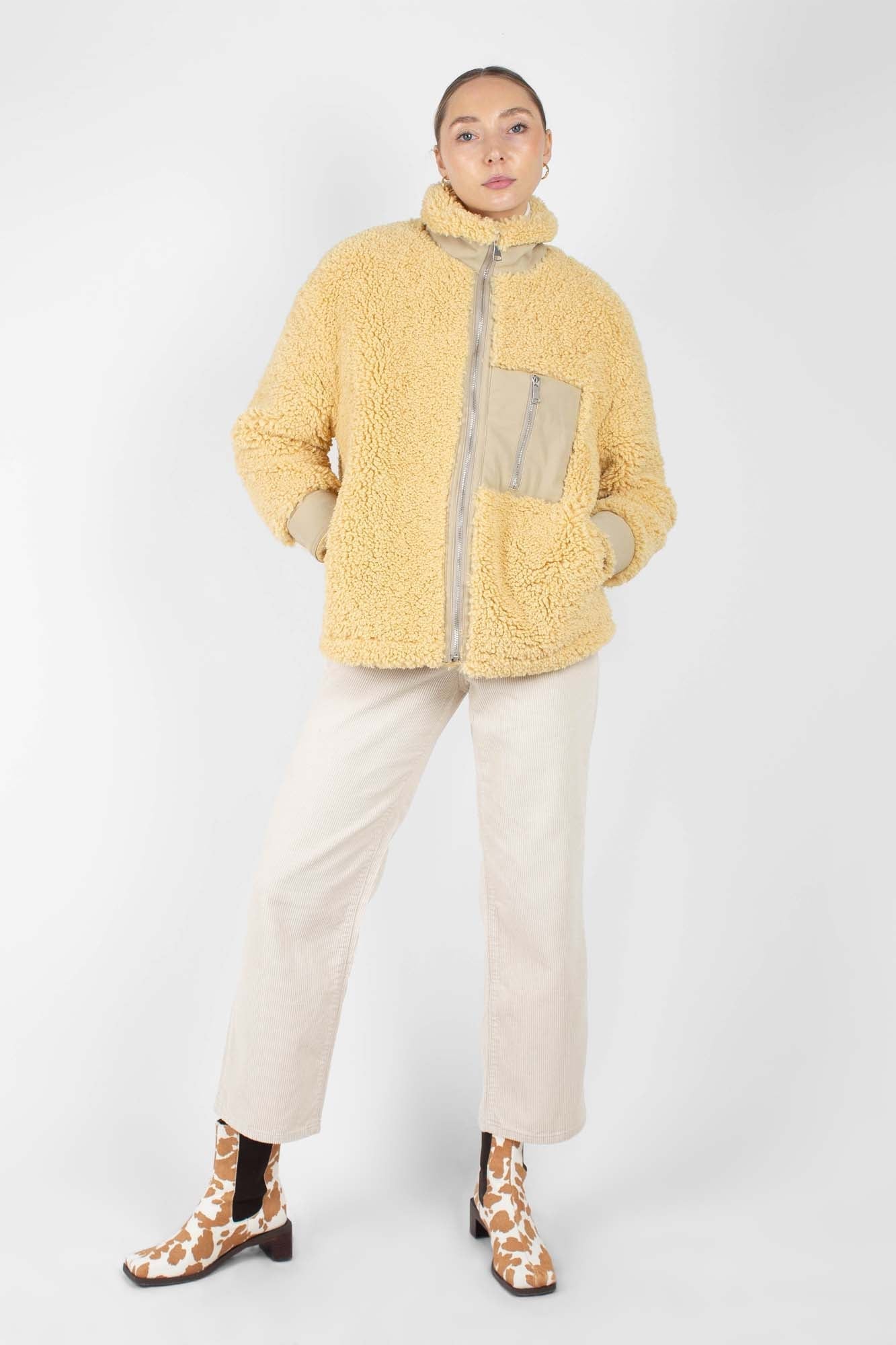 Yellow thick fuzzy contrast zip fleece