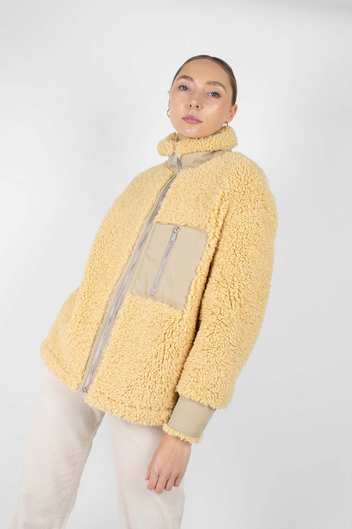 Yellow thick fuzzy contrast zip fleece