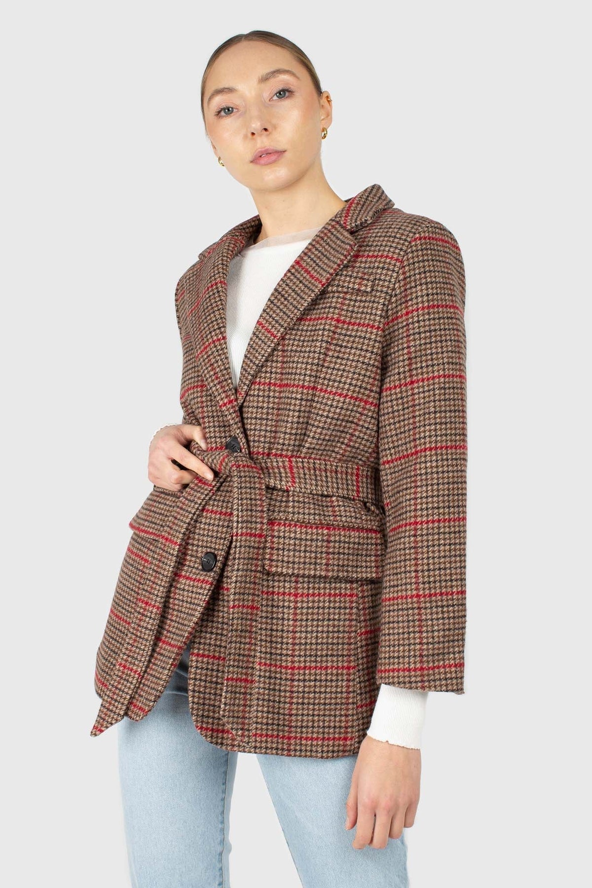 Beige and red checked belted long jacket