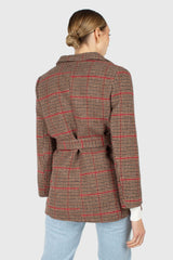 Beige and red checked belted long jacket