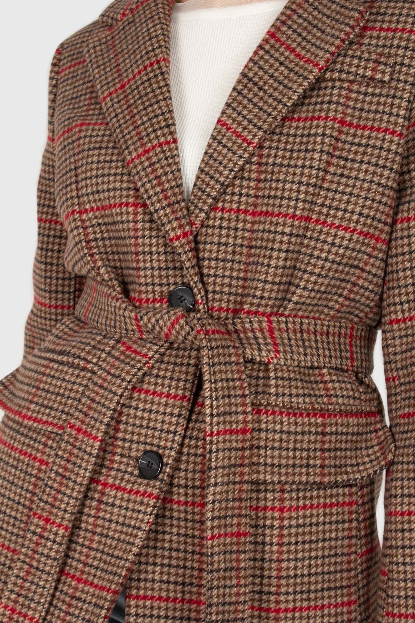 Beige and red checked belted long jacket