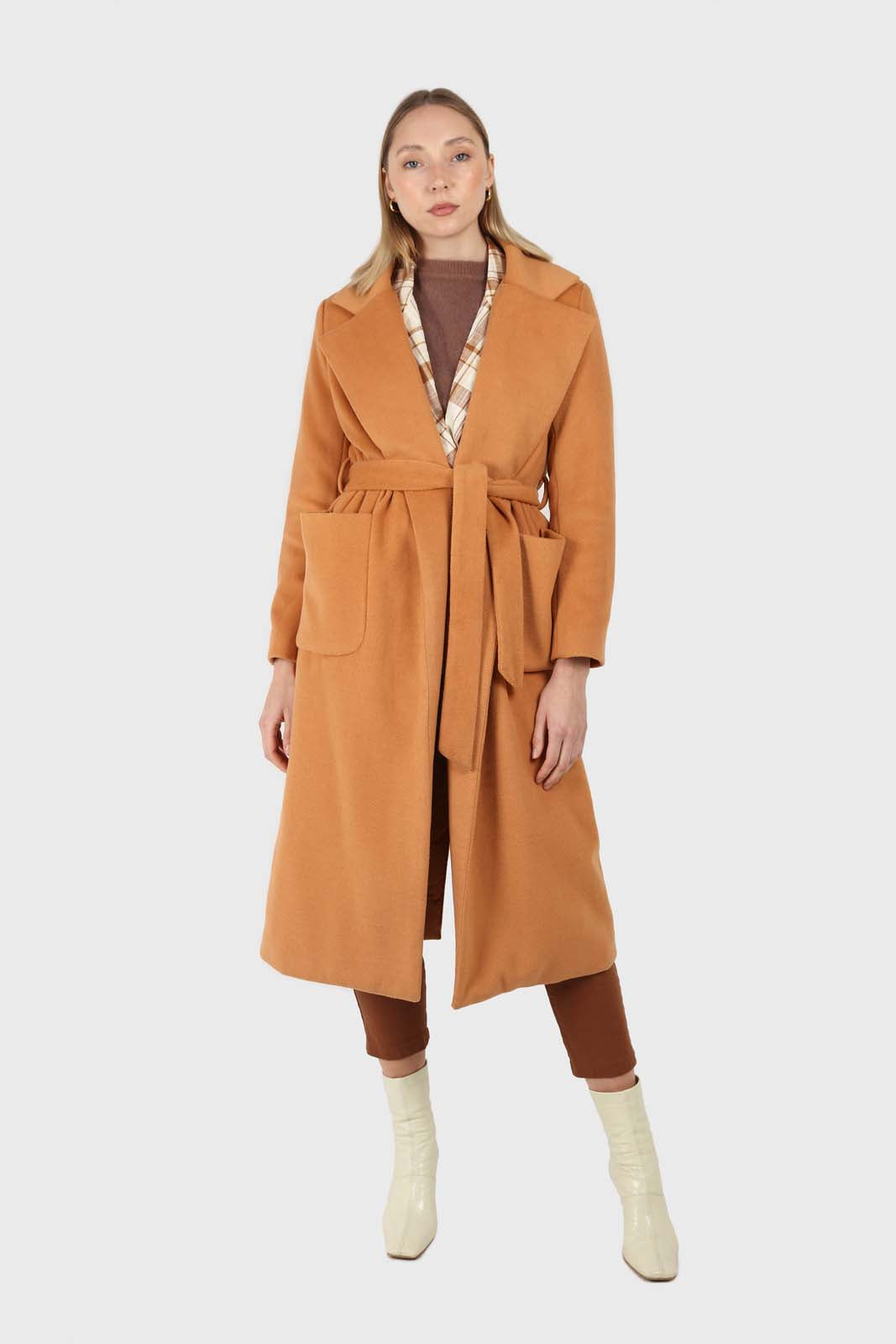 Camel soft wool belted long robe coat