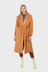 Camel soft wool belted long robe coat