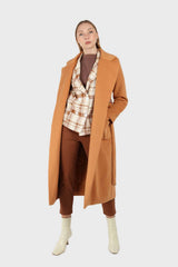 Camel soft wool belted long robe coat