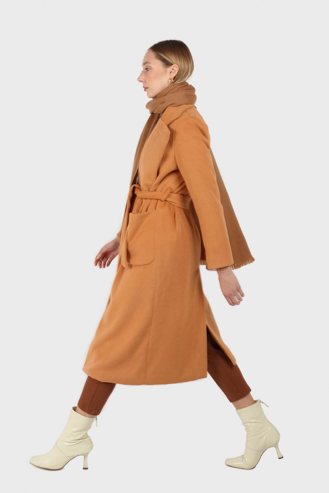 Camel soft wool belted long robe coat