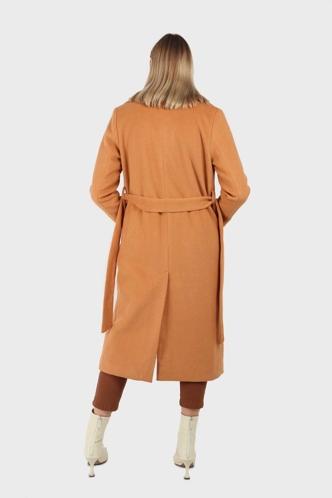 Camel soft wool belted long robe coat