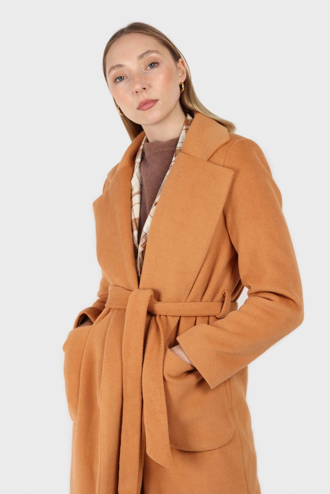 Camel soft wool belted long robe coat