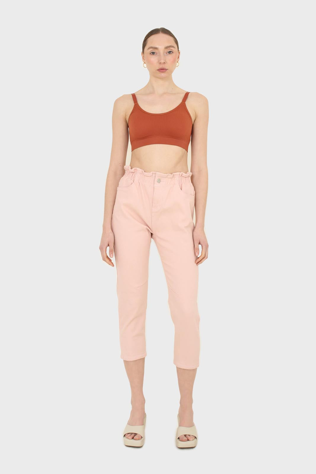 Pink twill ruched waist dart knee jeans - 306
