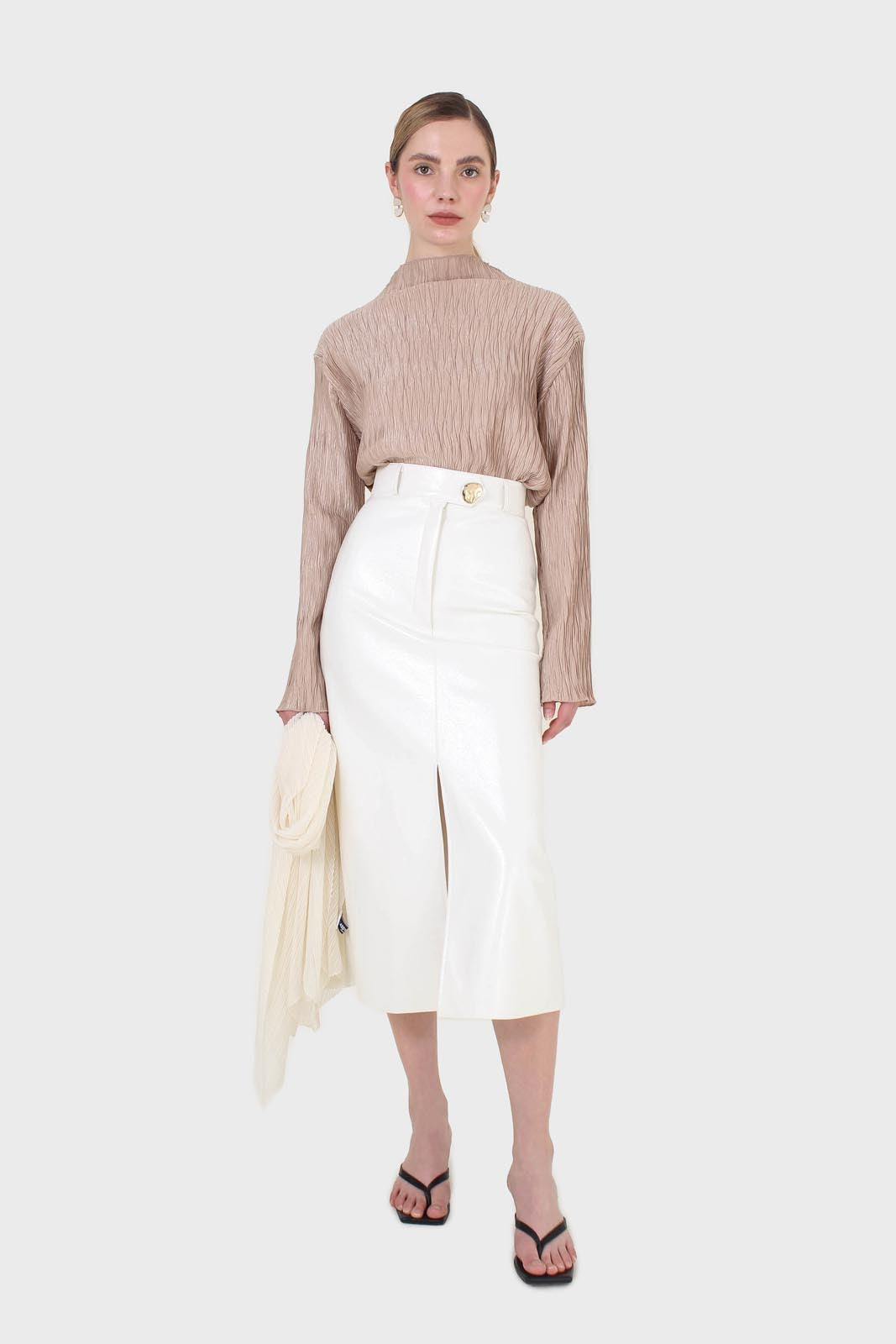 Ivory PVC front slit gold button maxi skirt