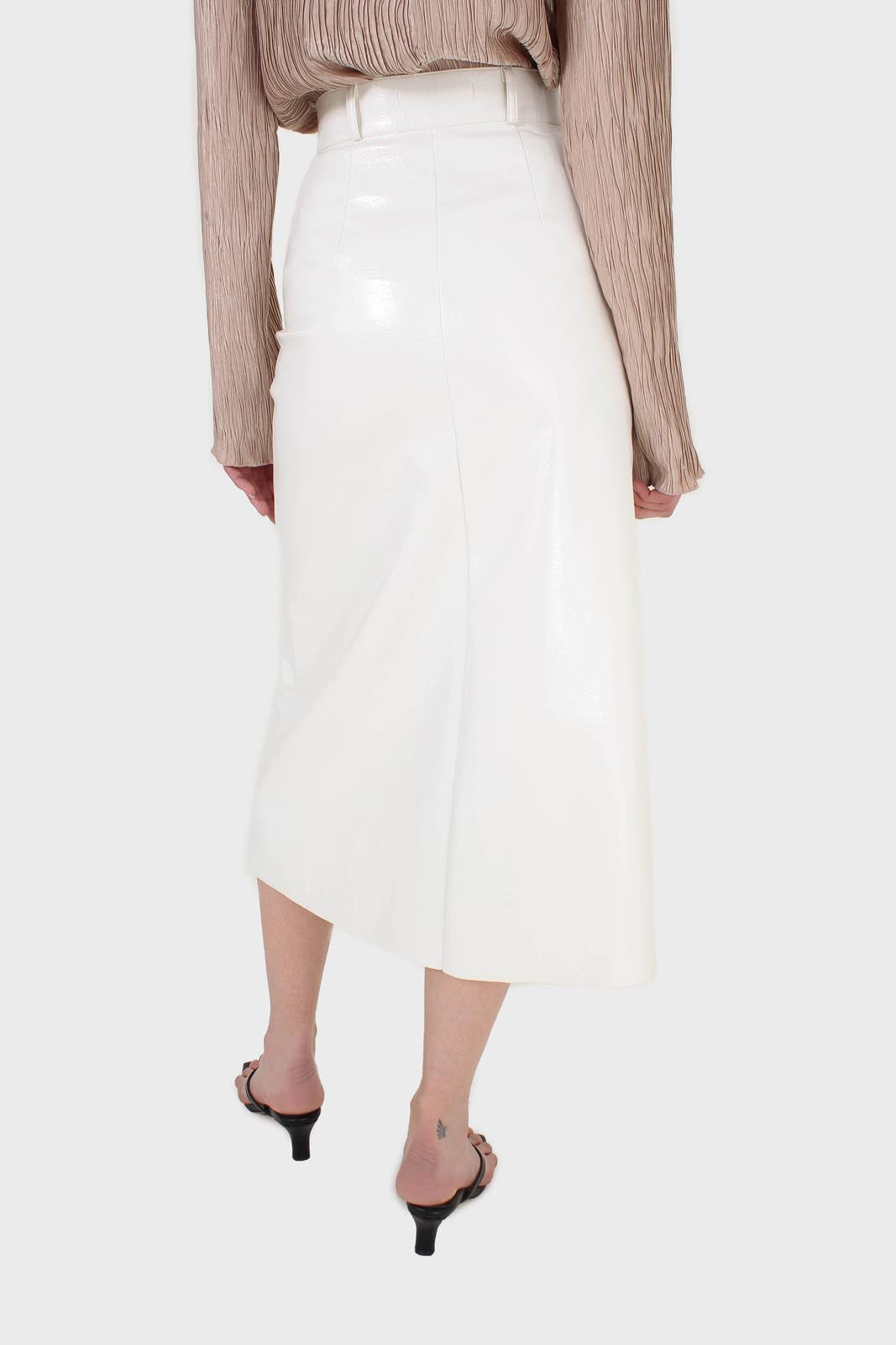 Ivory PVC front slit gold button maxi skirt