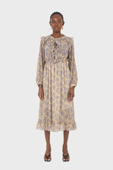 Yellow and grey floral print ruffle trim maxi dress