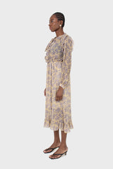 Yellow and grey floral print ruffle trim maxi dress