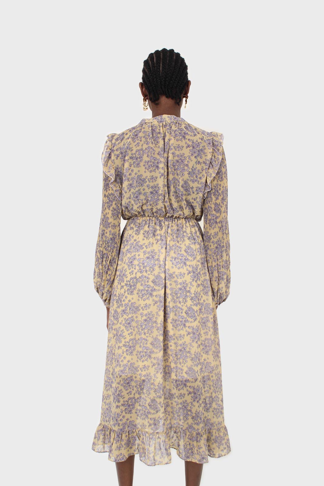 Yellow and grey floral print ruffle trim maxi dress