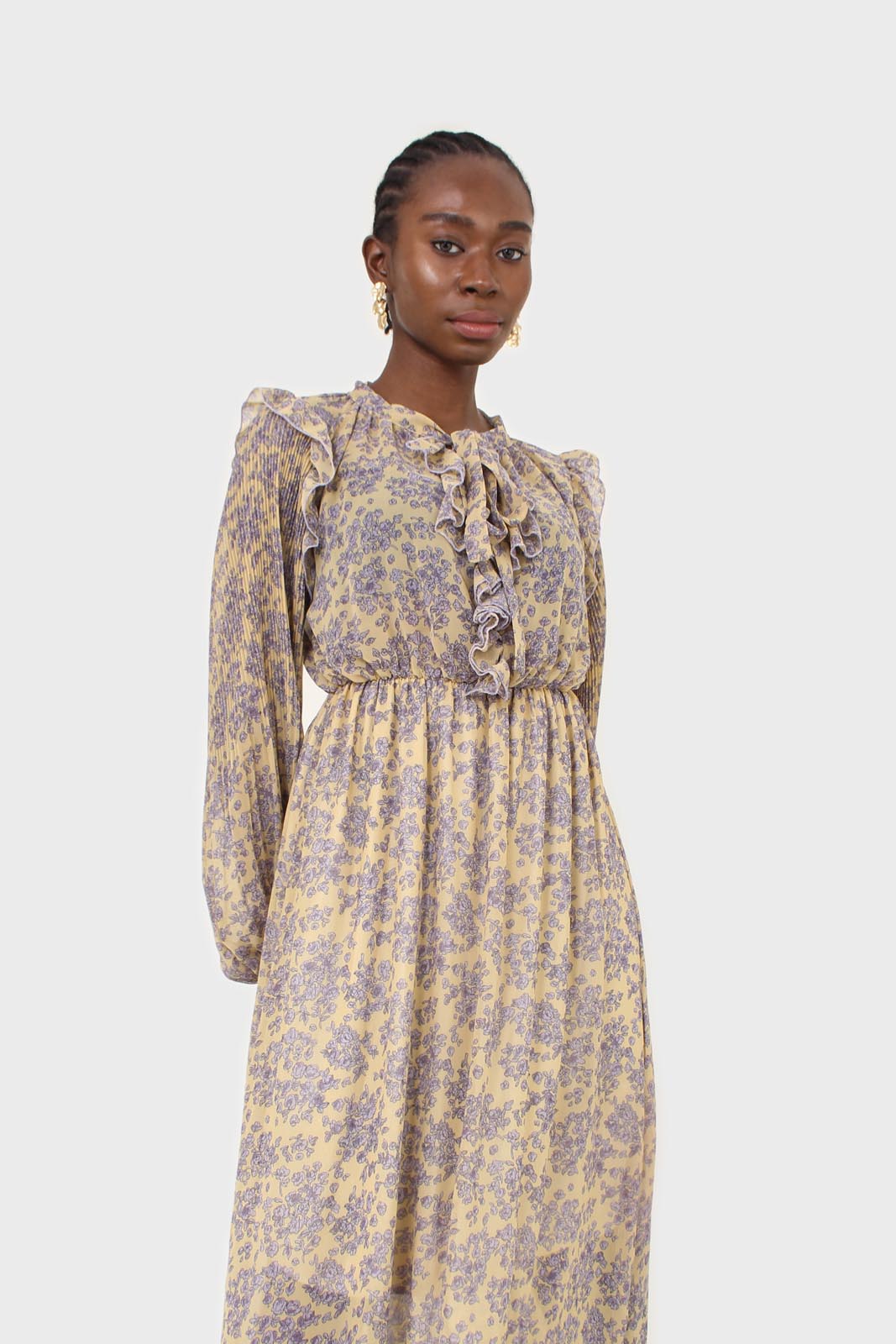 Yellow and grey floral print ruffle trim maxi dress
