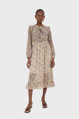 Yellow and grey floral print ruffle trim maxi dress