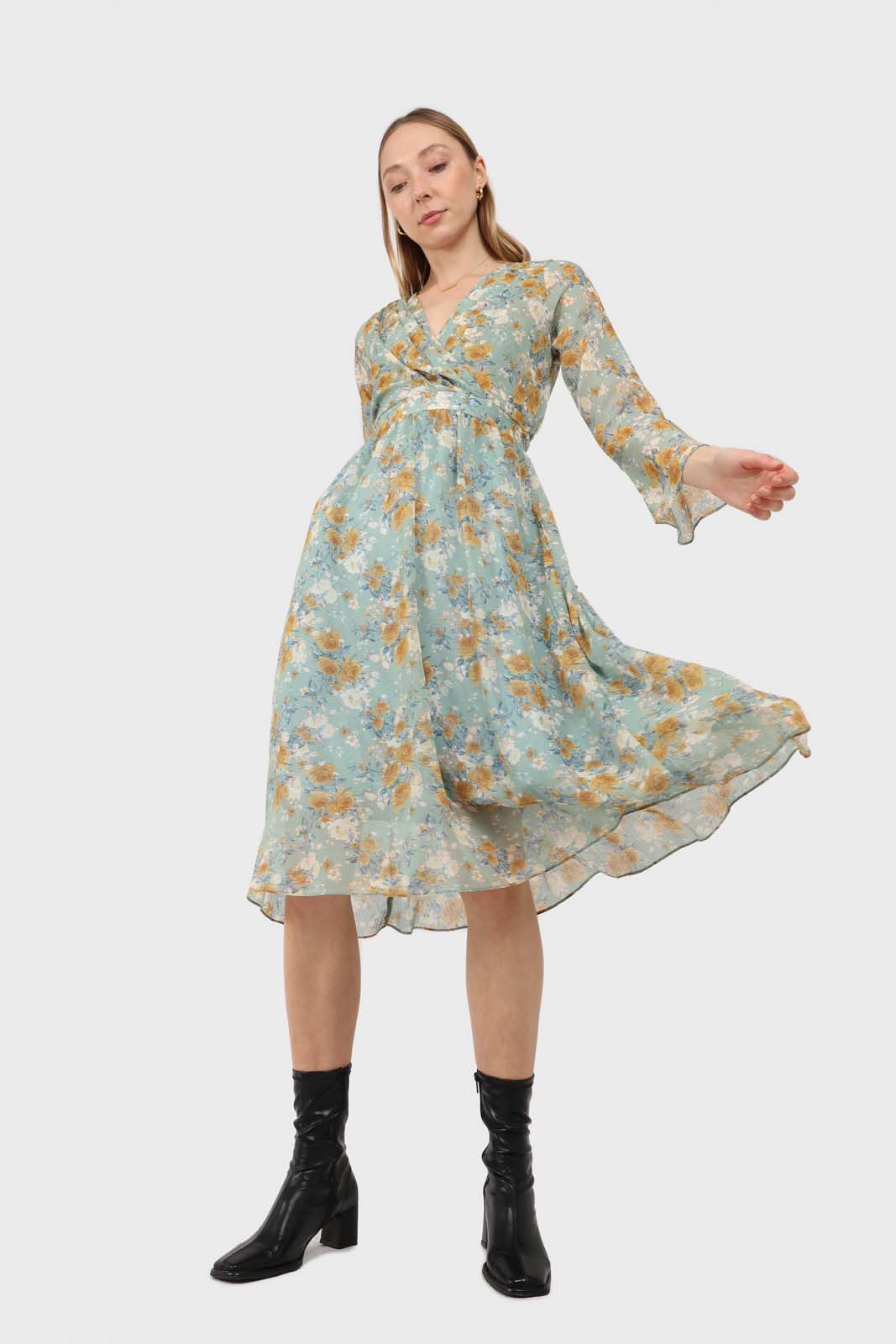 Light blue and mustard floral print layered V dress