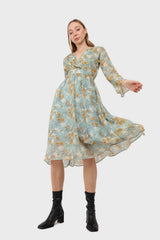 Light blue and mustard floral print layered V dress