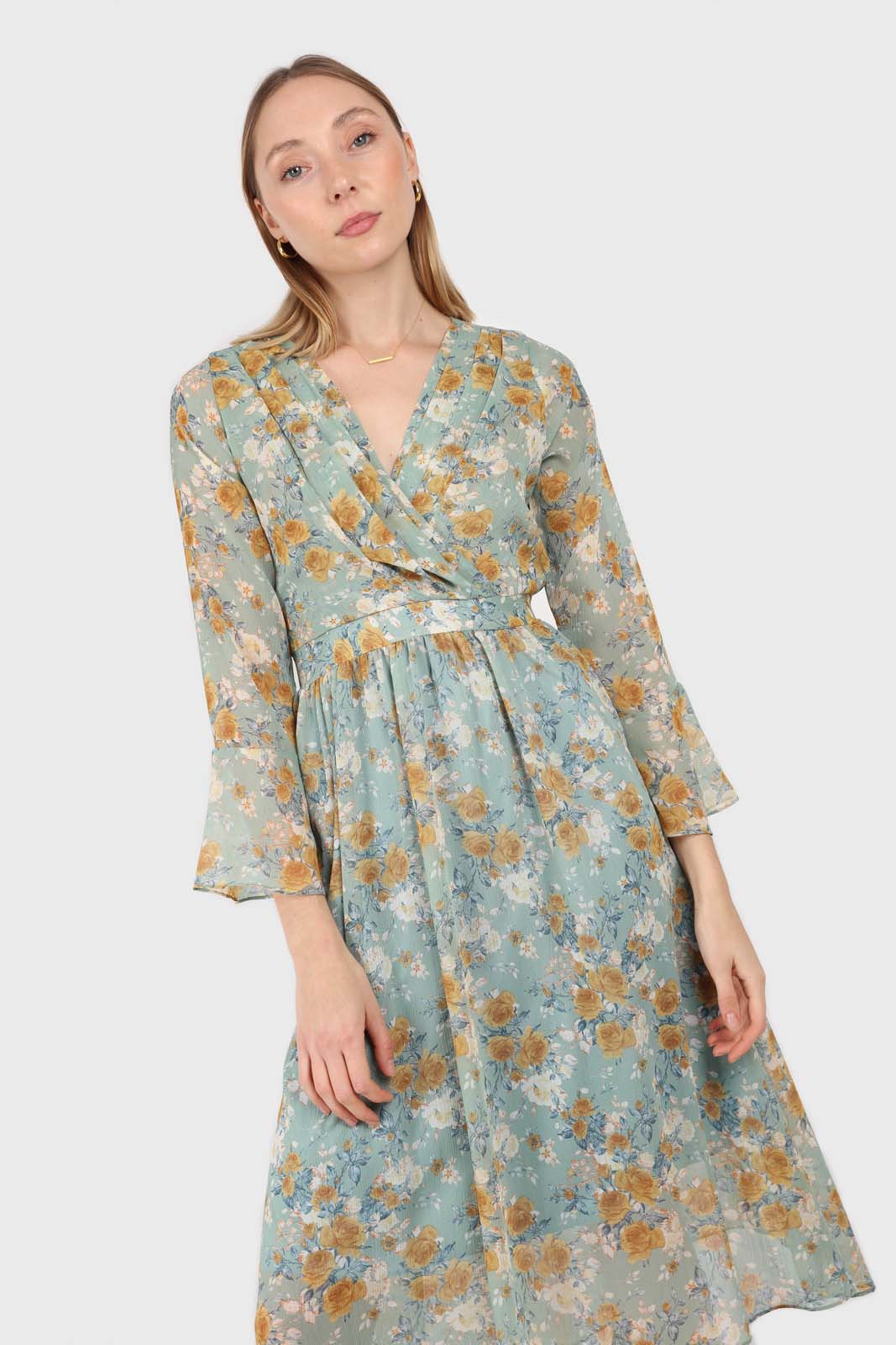 Light blue and mustard floral print layered V dress