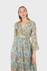 Light blue and mustard floral print layered V dress