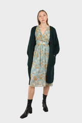 Light blue and mustard floral print layered V dress