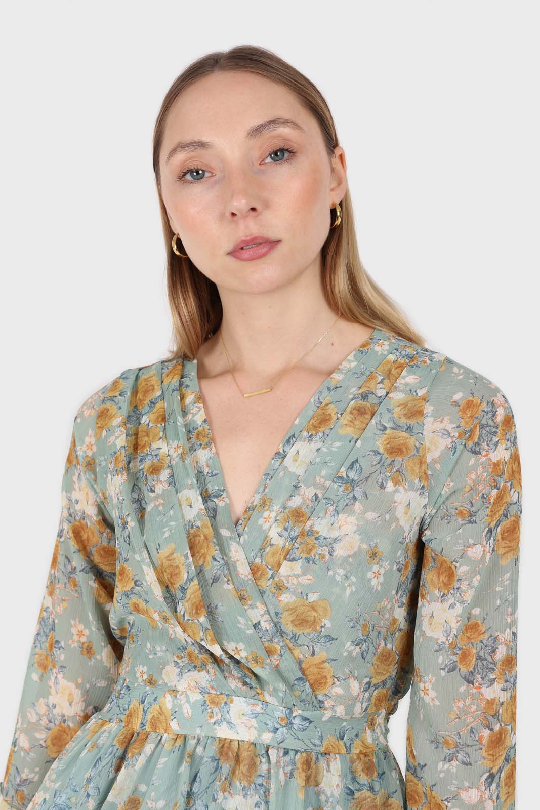 Light blue and mustard floral print layered V dress