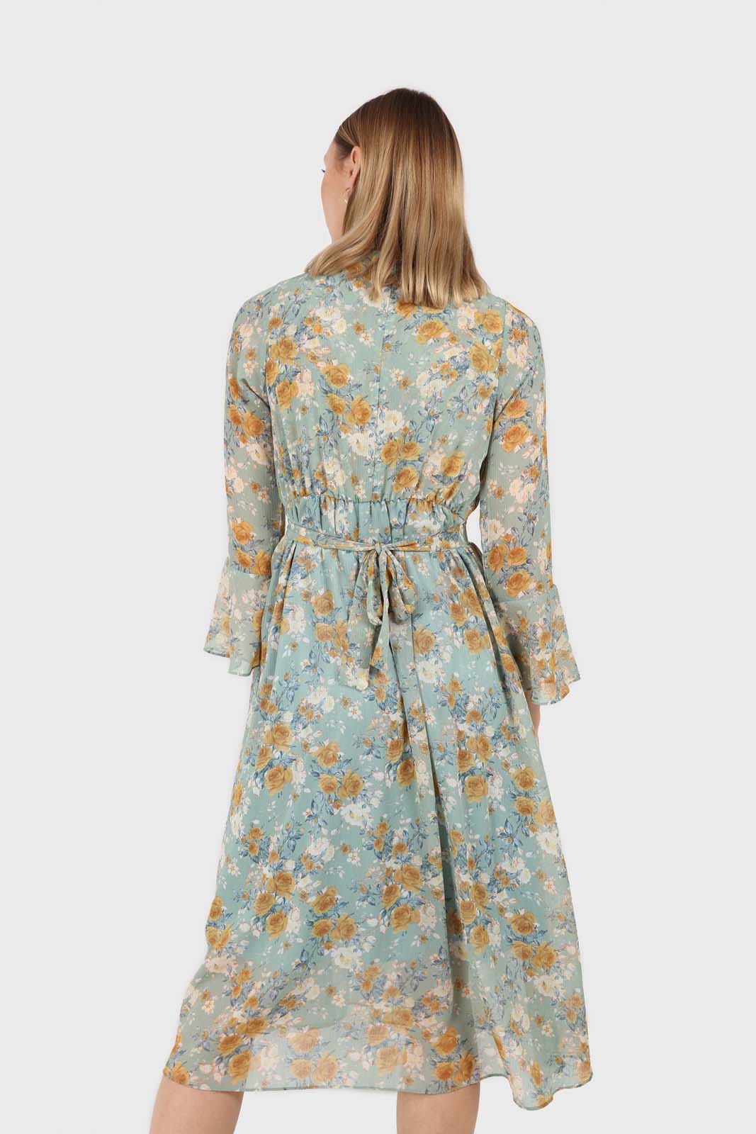 Light blue and mustard floral print layered V dress