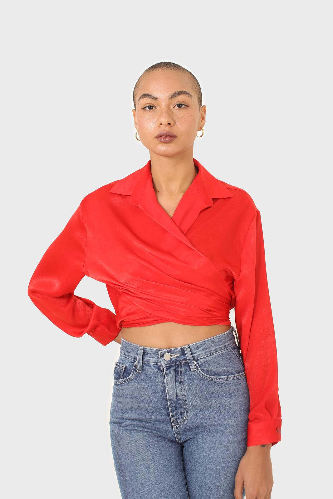 Bright red textured silky plunging tie front shirt