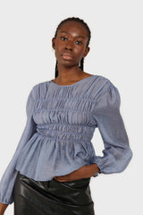 Mid blue silky ruched long sleeved blouse