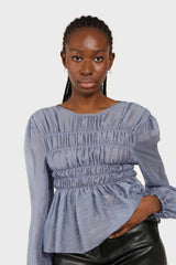 Mid blue silky ruched long sleeved blouse