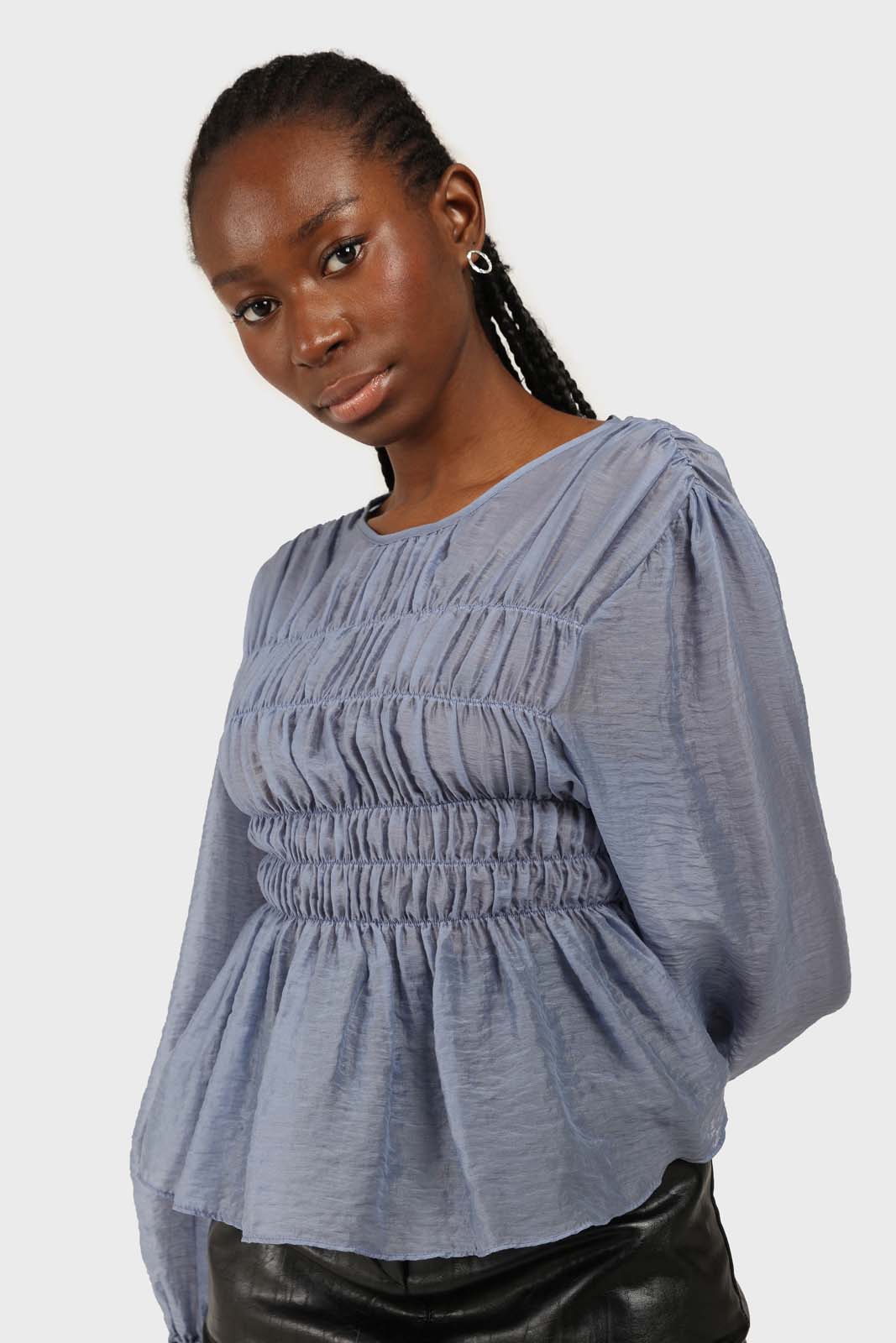 Mid blue silky ruched long sleeved blouse
