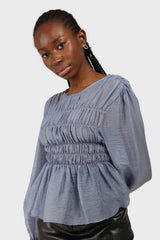 Mid blue silky ruched long sleeved blouse