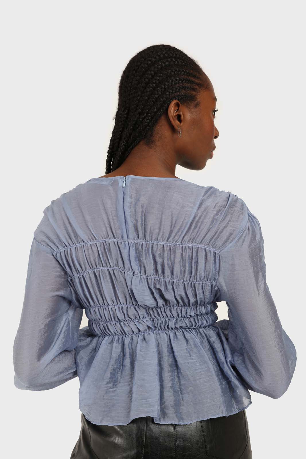 Mid blue silky ruched long sleeved blouse