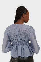 Mid blue silky ruched long sleeved blouse