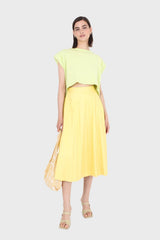 Yellow vegan leather pleated midi skirt