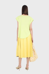 Yellow vegan leather pleated midi skirt